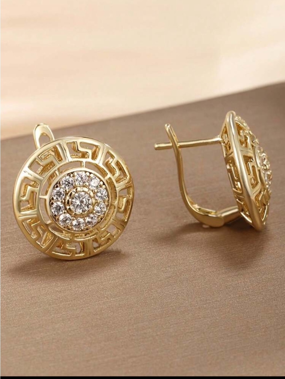 Gold Round Filigree CZ Stud Earrings - Women Jewelry - Picture 2 of 4